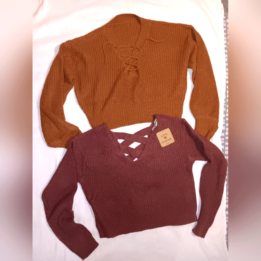 (NWT) Shein cropped Sweater Bundle 2PC - Puff Sleeve, Yellow & Pink, size M